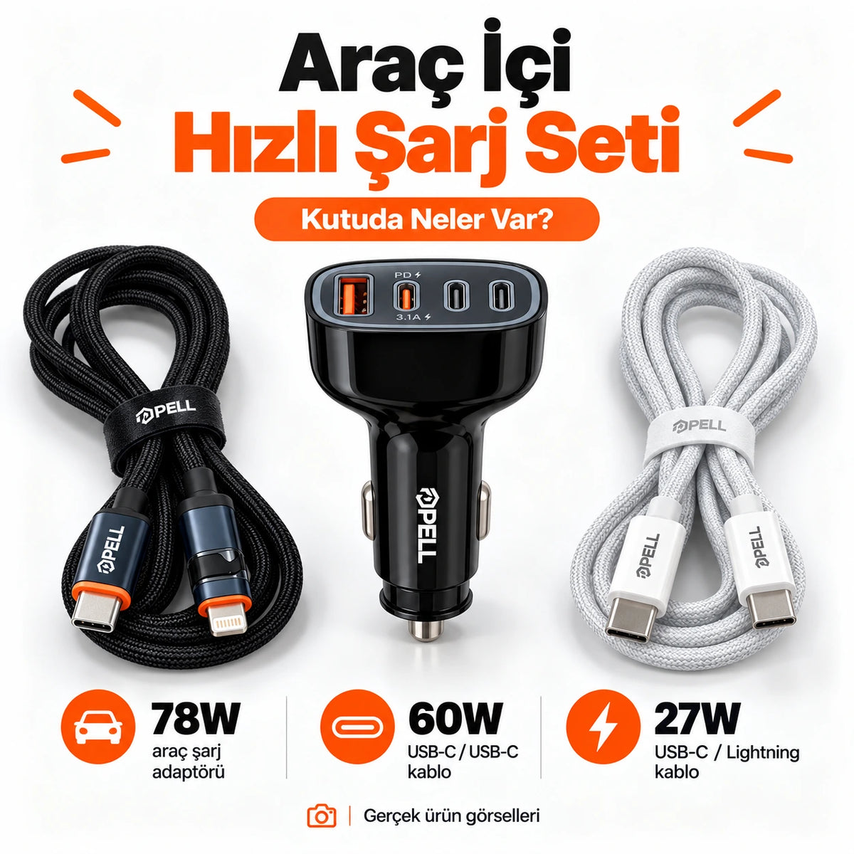 PELL Hızlı Şarj Araç Kit Seti, 78W 4 Portlu Araç Şarj Cihazı + PD 60W Type-C Kablo + PD 27W Dijital Göstergeli Lightning Örgü Kablo Seti