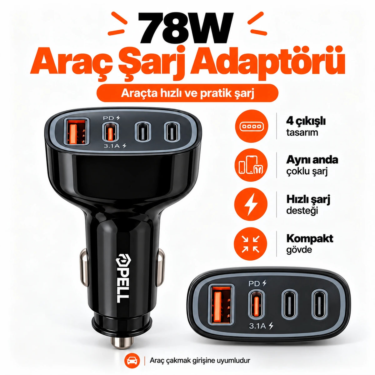 PELL Hızlı Şarj Araç Kit Seti, 78W 4 Portlu Araç Şarj Cihazı + PD 60W Type-C Kablo + PD 27W Dijital Göstergeli Lightning Örgü Kablo Seti