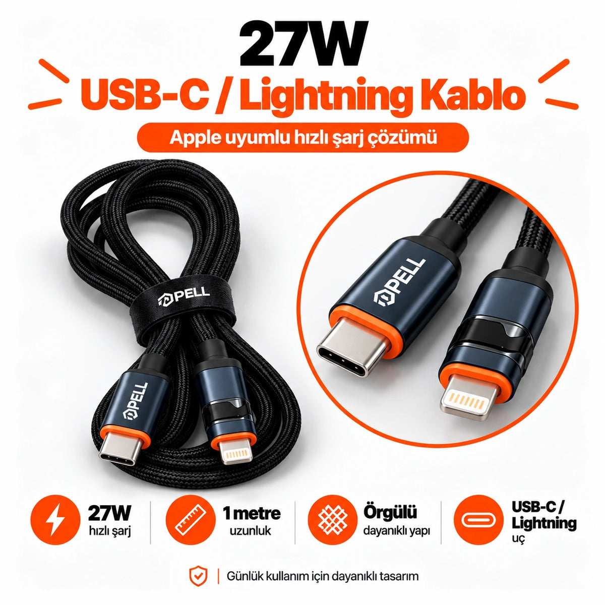 PELL Hızlı Şarj Araç Kit Seti, 78W 4 Portlu Araç Şarj Cihazı + PD 60W Type-C Kablo + PD 27W Dijital Göstergeli Lightning Örgü Kablo Seti