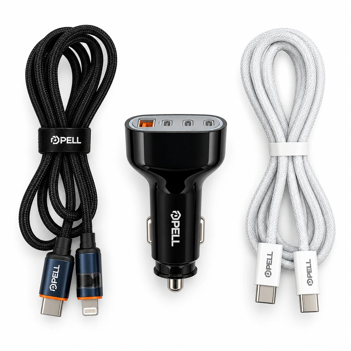 PELL Hızlı Şarj Araç Kit Seti, 78W 4 Portlu Araç Şarj Cihazı + PD 60W Type-C Kablo + PD 27W Dijital Göstergeli Lightning Örgü Kablo Seti