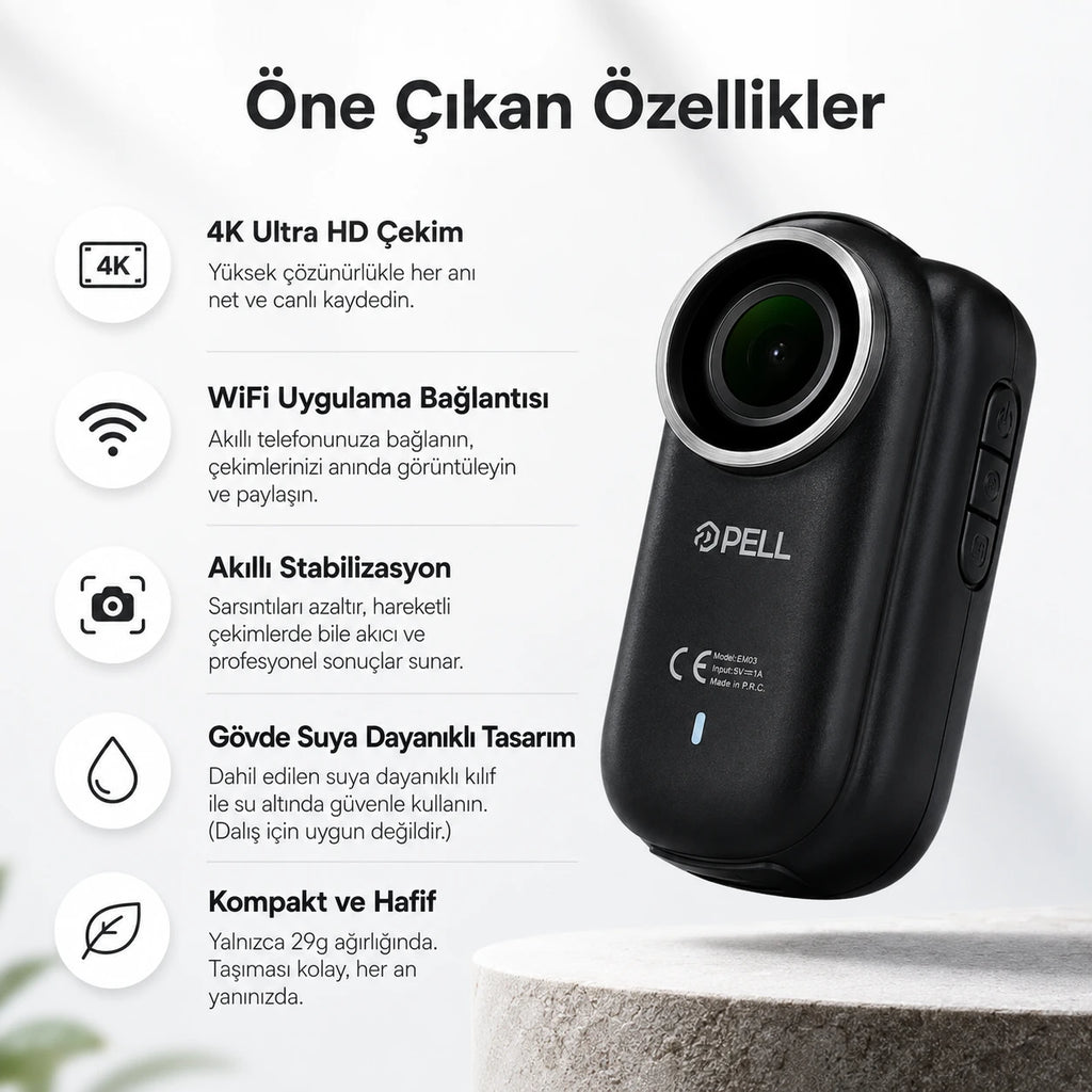 PELL M11 4K Ultra HD WiFi Aksiyon Kamerası, IP65 Su Geçirmez Titreşim Önleyici Geniş Açılı Kamera