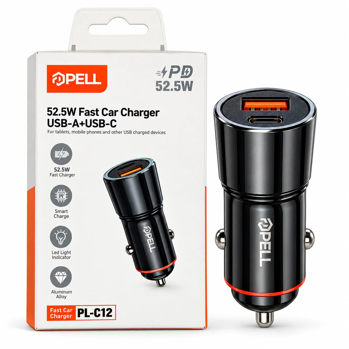 PELL PL-C12 42.5W Çift Çıkışlı Alüminyum PD Hızlı Araç Şarj Cihazı, Çakmaklık Hızlı Şarj Adaptörü
