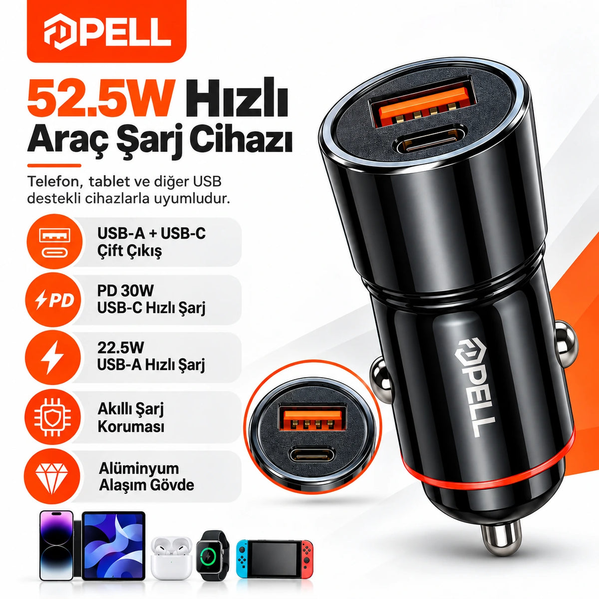 PELL PL-C12 42.5W Çift Çıkışlı Alüminyum PD Hızlı Araç Şarj Cihazı, Çakmaklık Hızlı Şarj Adaptörü