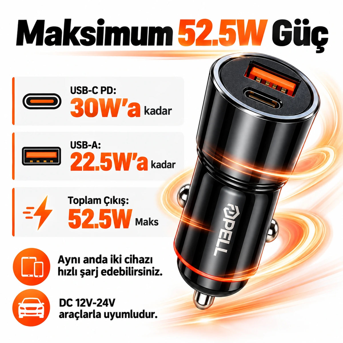 PELL PL-C12 42.5W Çift Çıkışlı Alüminyum PD Hızlı Araç Şarj Cihazı, Çakmaklık Hızlı Şarj Adaptörü