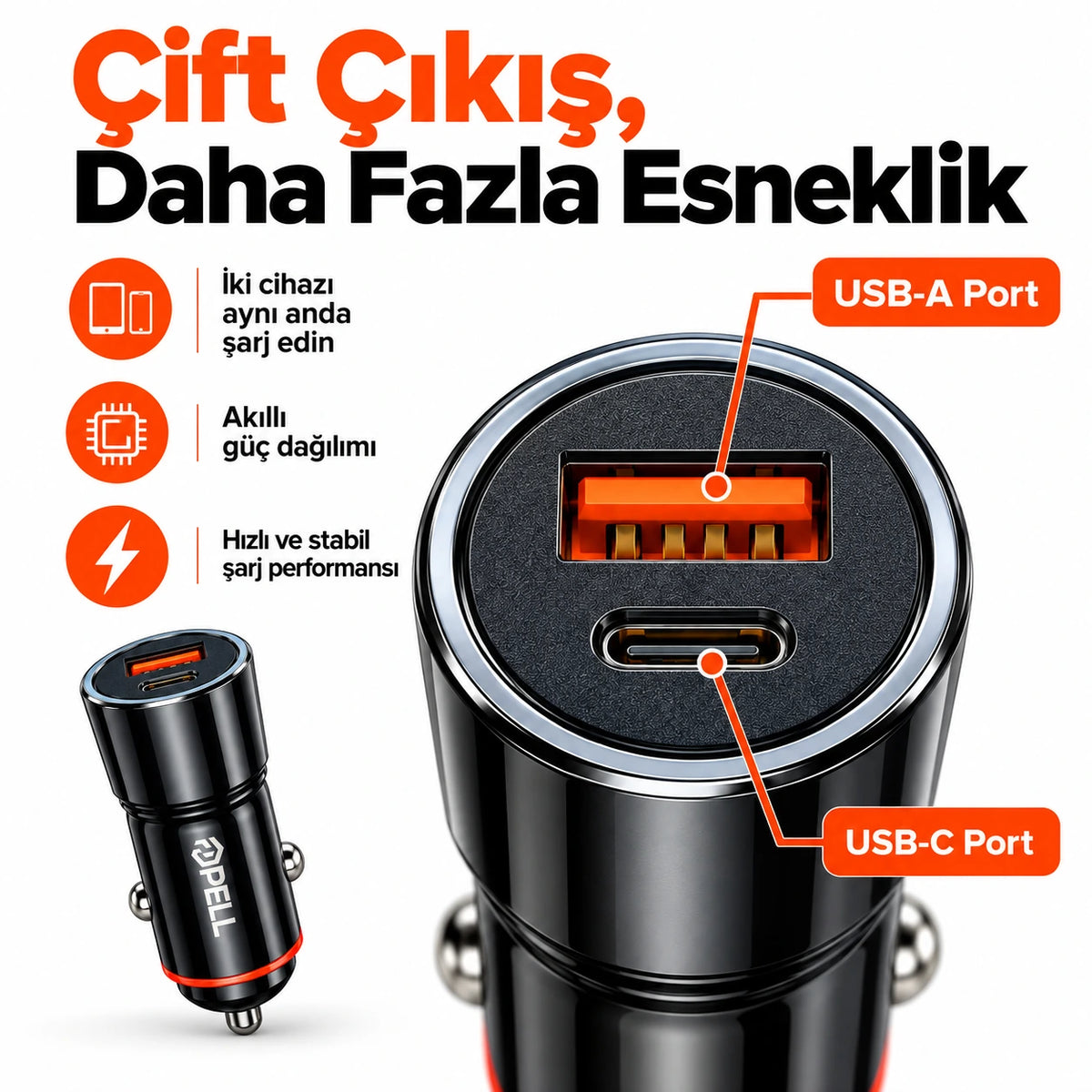 PELL PL-C12 42.5W Çift Çıkışlı Alüminyum PD Hızlı Araç Şarj Cihazı, Çakmaklık Hızlı Şarj Adaptörü