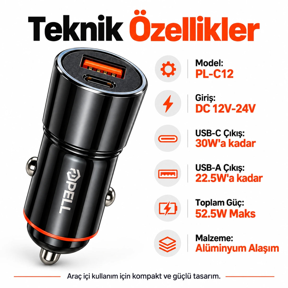 PELL PL-C12 42.5W Çift Çıkışlı Alüminyum PD Hızlı Araç Şarj Cihazı, Çakmaklık Hızlı Şarj Adaptörü