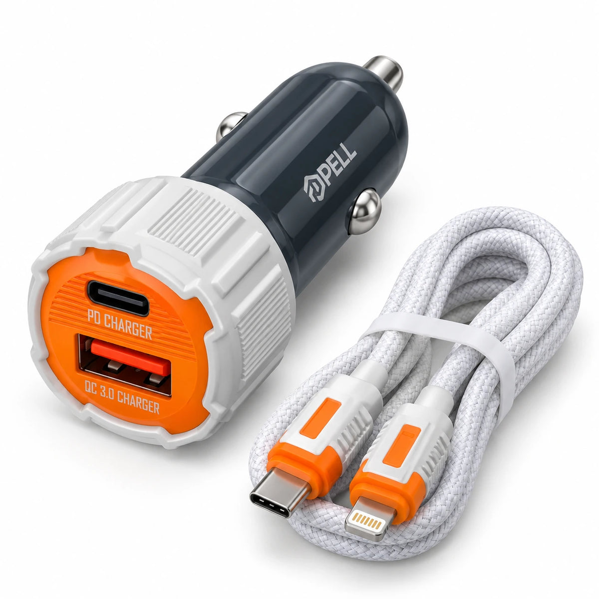 PELL PL-C15 38W Çift Portlu PD QC 3.0 Araç Şarj Cihazı, Type-C to Lightning Örgü Kablolu Hızlı Araç Şarj Seti