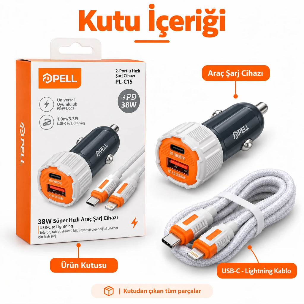 PELL PL-C15 38W Çift Portlu PD QC 3.0 Araç Şarj Cihazı, Type-C to Lightning Örgü Kablolu Hızlı Araç Şarj Seti