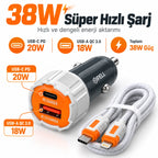 PELL PL-C15 38W Çift Portlu PD QC 3.0 Araç Şarj Cihazı, Type-C to Lightning Örgü Kablolu Hızlı Araç Şarj Seti