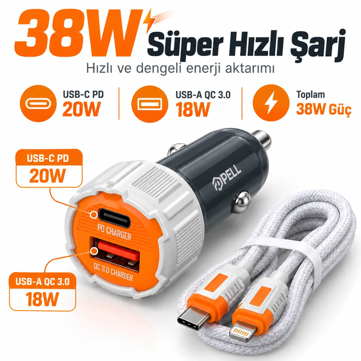 PELL PL-C15 38W Çift Portlu PD QC 3.0 Araç Şarj Cihazı, Type-C to Lightning Örgü Kablolu Hızlı Araç Şarj Seti