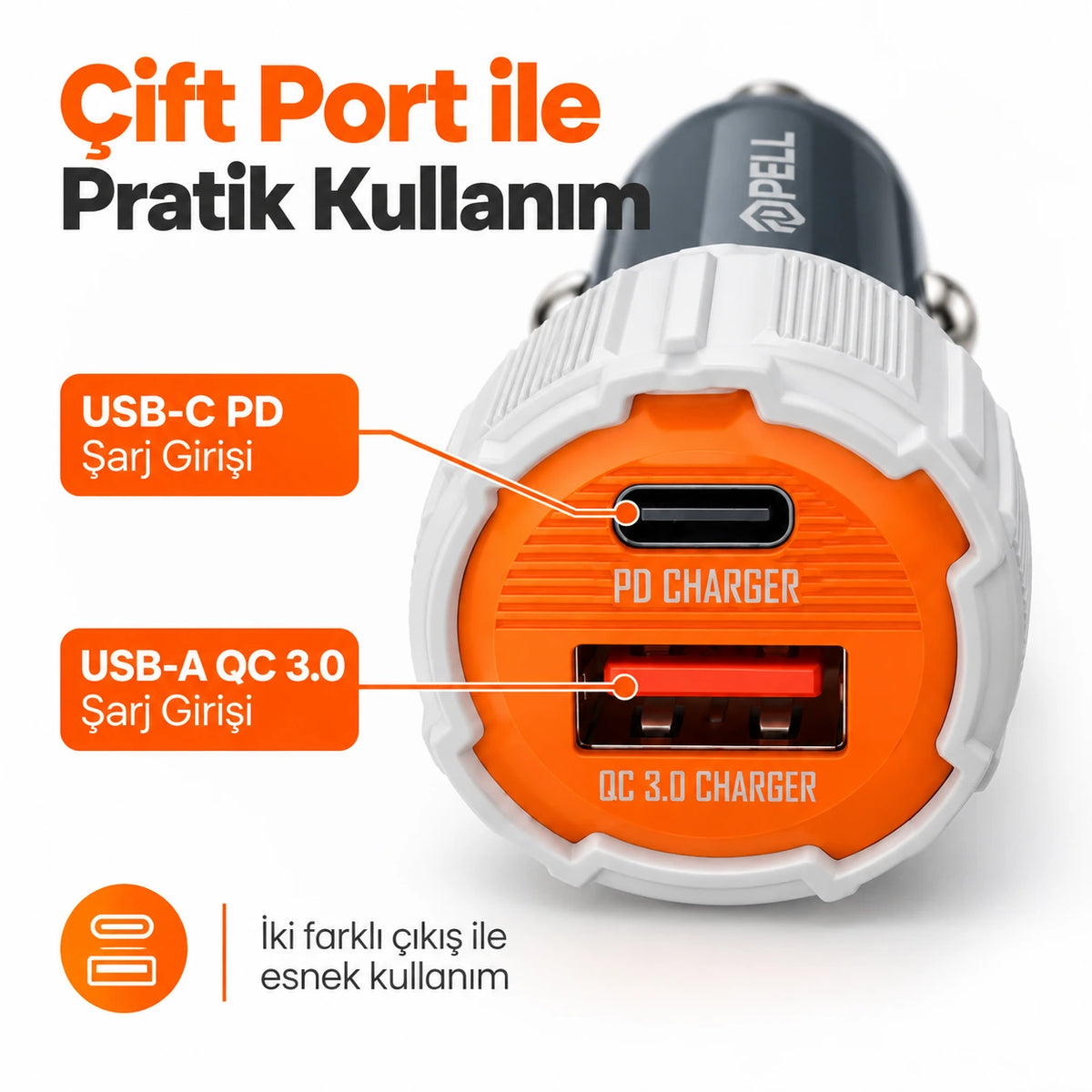 PELL PL-C15 38W Çift Portlu PD QC 3.0 Araç Şarj Cihazı, Type-C to Lightning Örgü Kablolu Hızlı Araç Şarj Seti