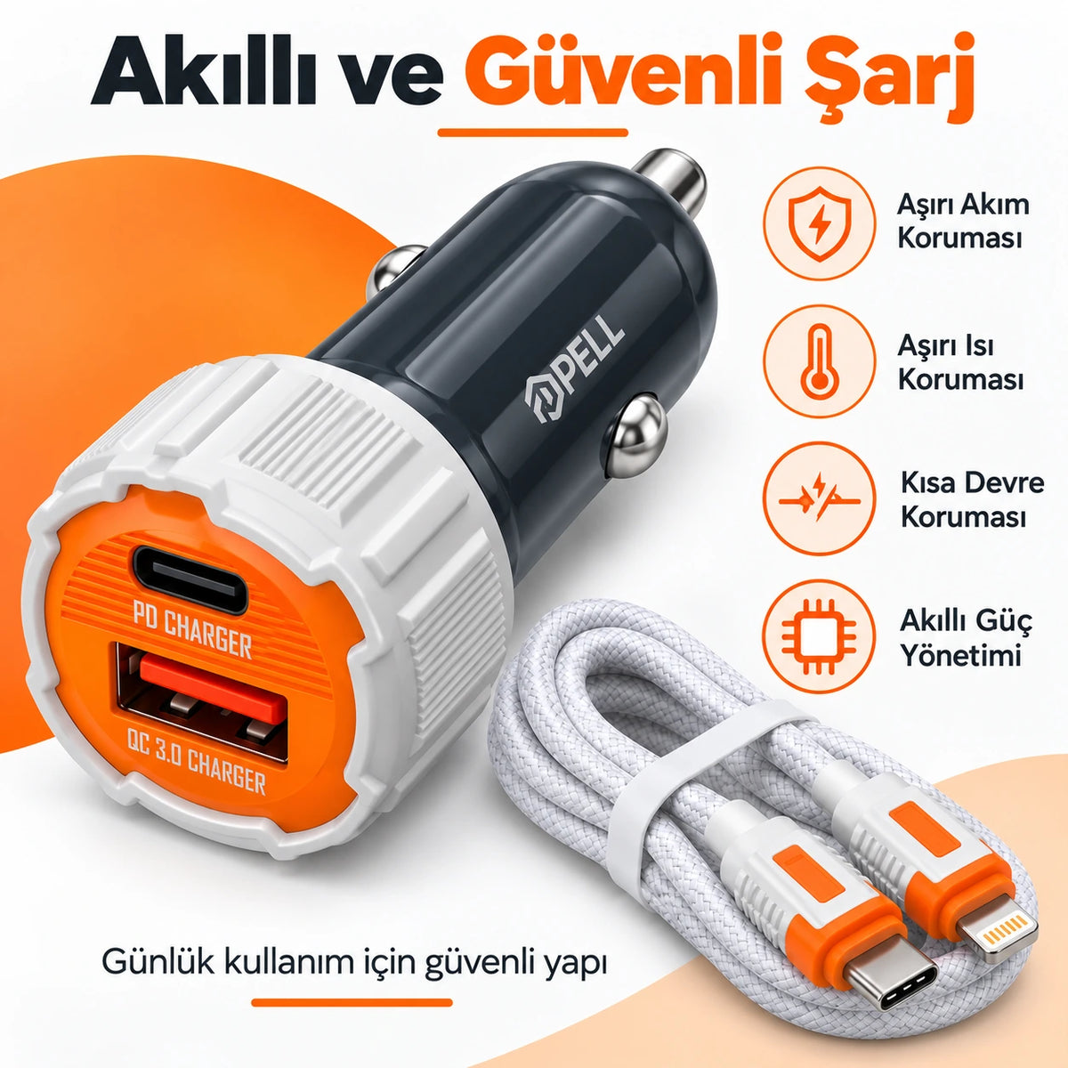 PELL PL-C15 38W Çift Portlu PD QC 3.0 Araç Şarj Cihazı, Type-C to Lightning Örgü Kablolu Hızlı Araç Şarj Seti