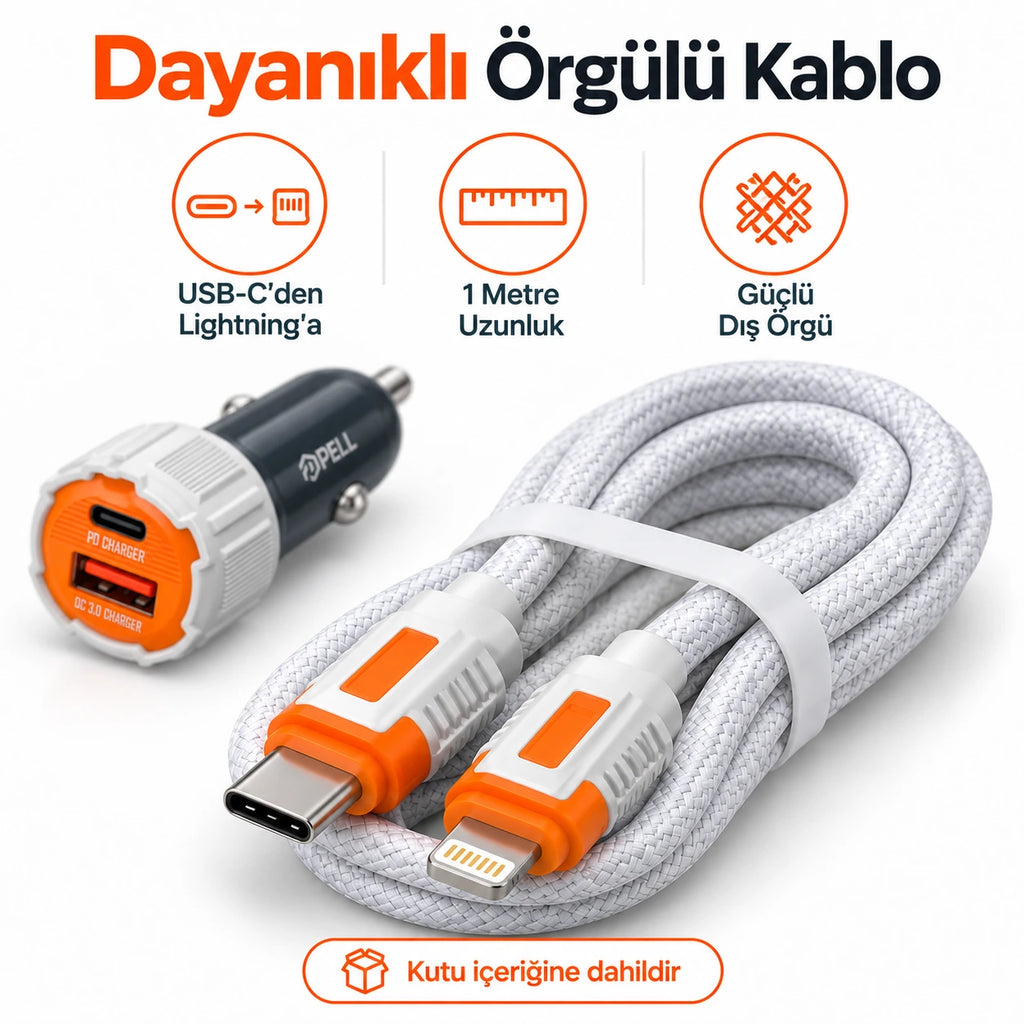 PELL PL-C15 38W Çift Portlu PD QC 3.0 Araç Şarj Cihazı, Type-C to Lightning Örgü Kablolu Hızlı Araç Şarj Seti