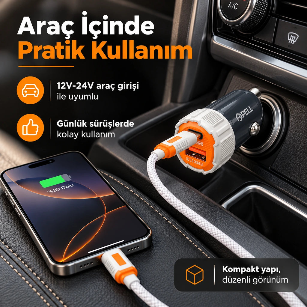 PELL PL-C15 38W Çift Portlu PD QC 3.0 Araç Şarj Cihazı, Type-C to Lightning Örgü Kablolu Hızlı Araç Şarj Seti