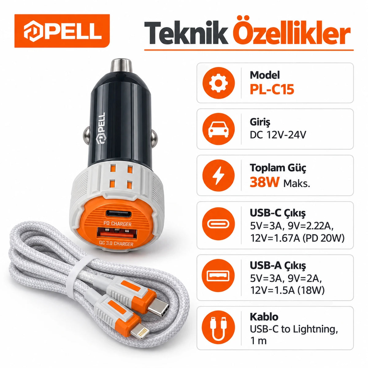 PELL PL-C15 38W Çift Portlu PD QC 3.0 Araç Şarj Cihazı, Type-C to Lightning Örgü Kablolu Hızlı Araç Şarj Seti
