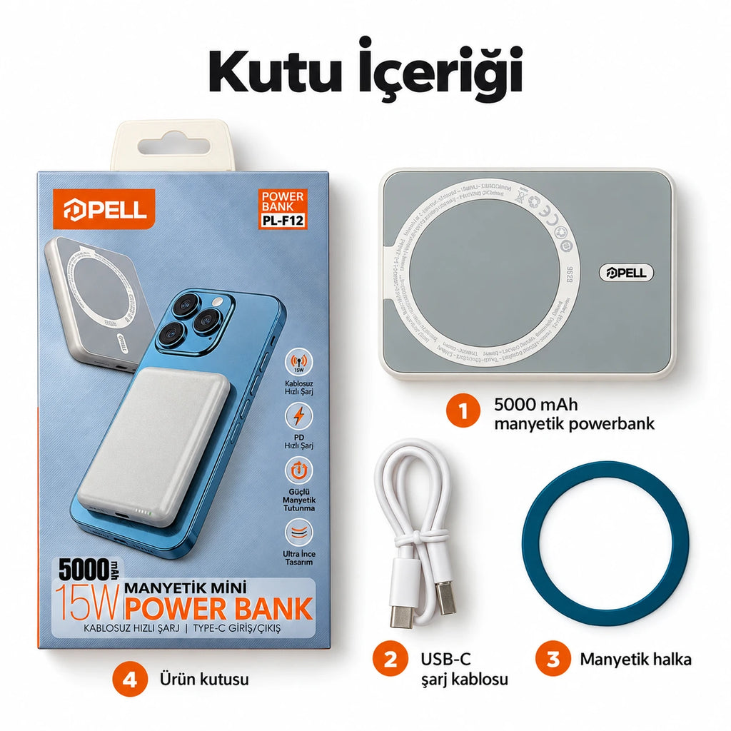 PELL PL-F12 5000 mAh MagSafe 15W Kablosuz Şarj Powerbank, 20W PD Type-C Hızlı Şarj Mini Taşınabilir Şarj Cihazı