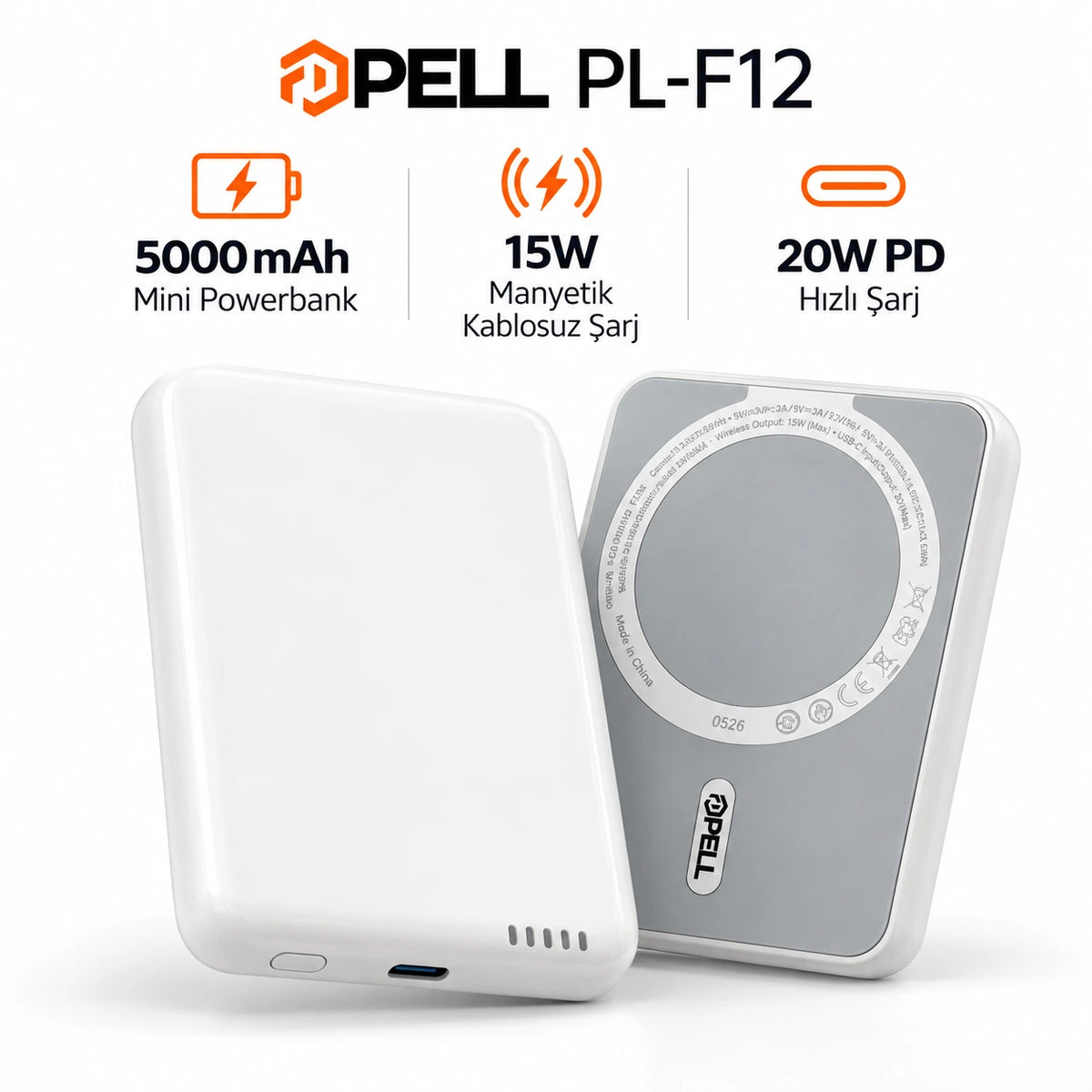 PELL PL-F12 5000 mAh MagSafe 15W Kablosuz Şarj Powerbank, 20W PD Type-C Hızlı Şarj Mini Taşınabilir Şarj Cihazı