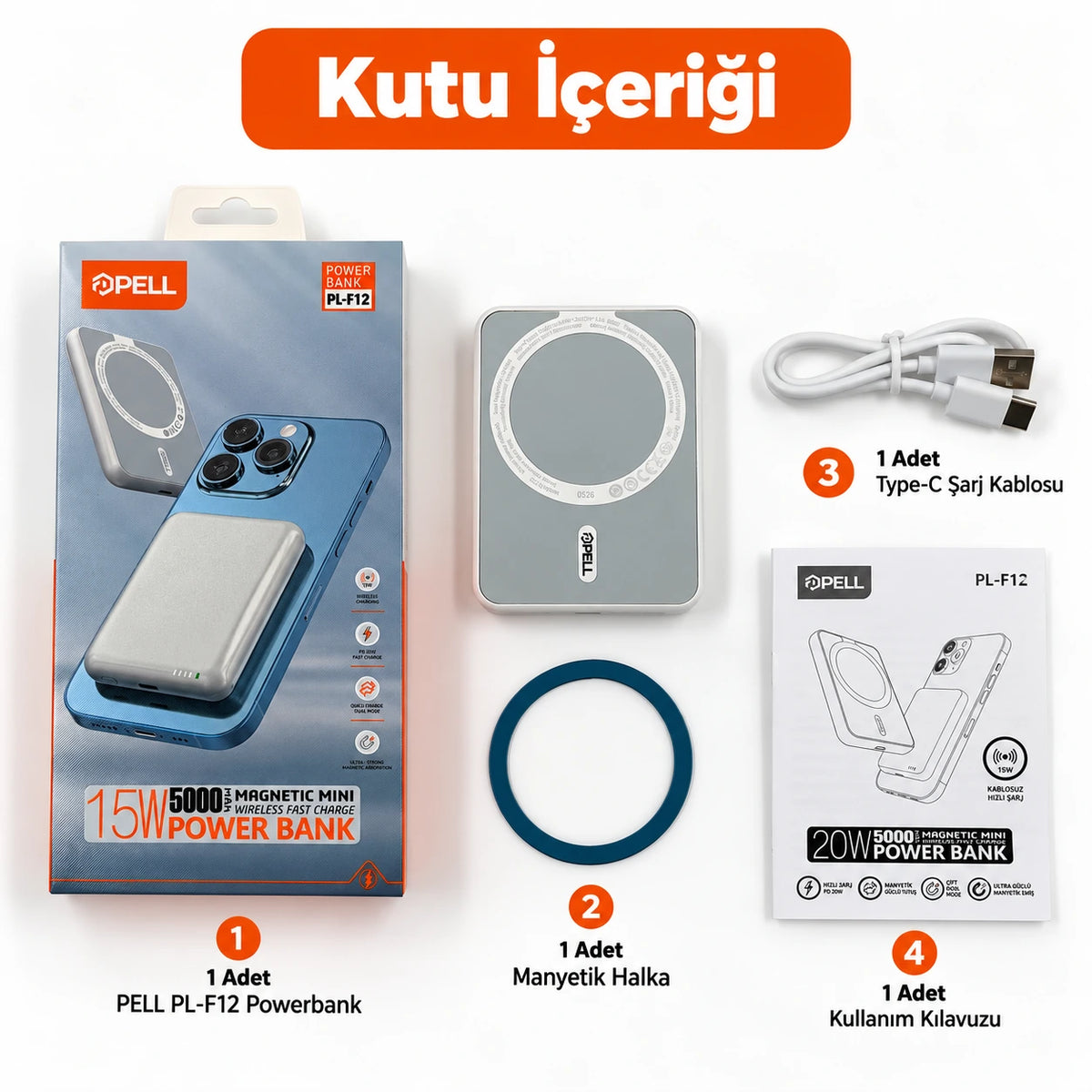 PELL PL-F12 5000 mAh MagSafe 15W Kablosuz Şarj Powerbank, 20W PD Type-C Hızlı Şarj Mini Taşınabilir Şarj Cihazı