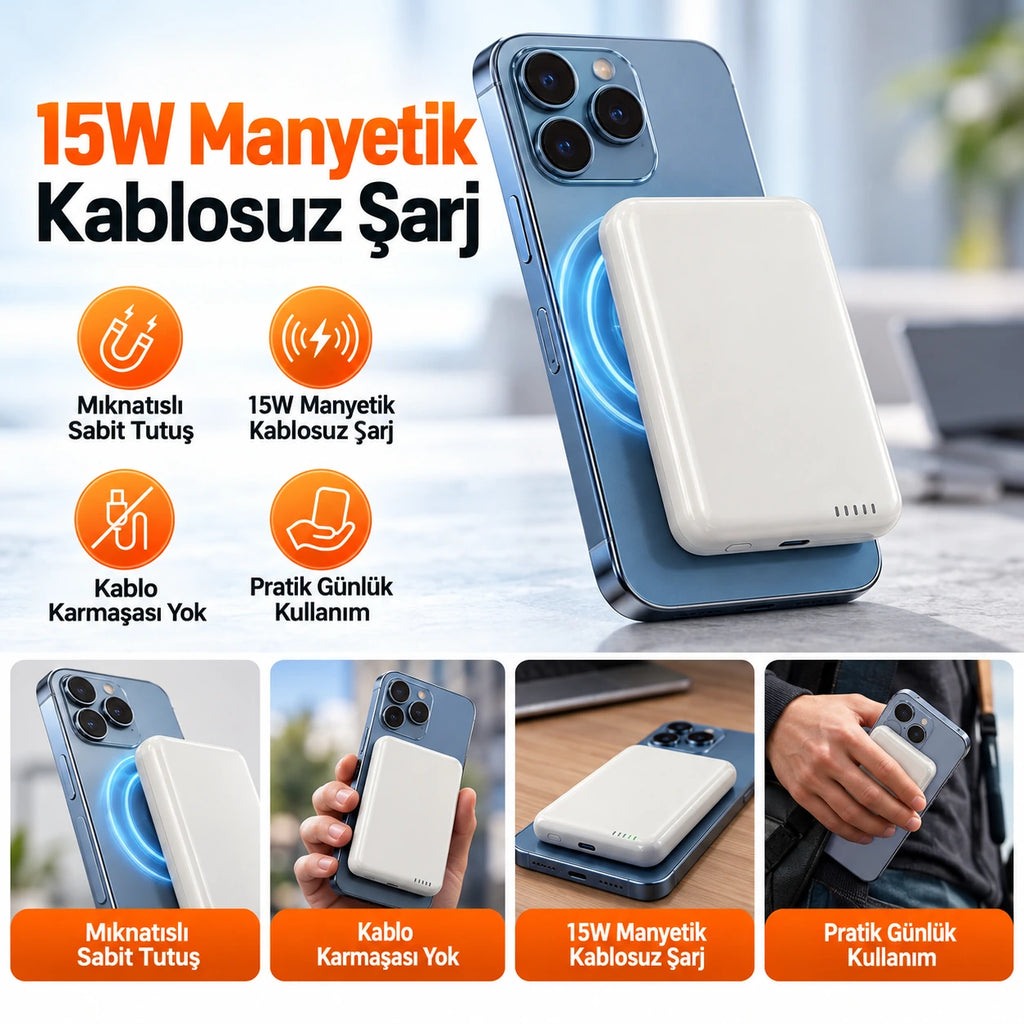 PELL PL-F12 5000 mAh MagSafe 15W Kablosuz Şarj Powerbank, 20W PD Type-C Hızlı Şarj Mini Taşınabilir Şarj Cihazı