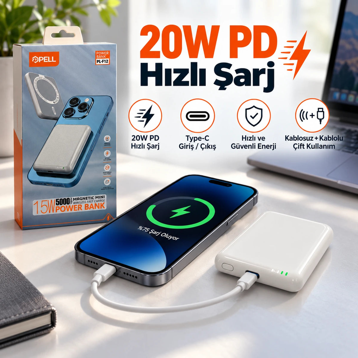 PELL PL-F12 5000 mAh MagSafe 15W Kablosuz Şarj Powerbank, 20W PD Type-C Hızlı Şarj Mini Taşınabilir Şarj Cihazı