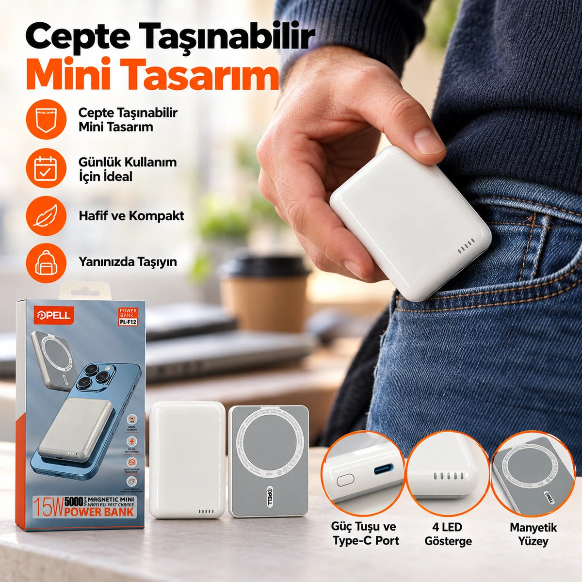 PELL PL-F12 5000 mAh MagSafe 15W Kablosuz Şarj Powerbank, 20W PD Type-C Hızlı Şarj Mini Taşınabilir Şarj Cihazı