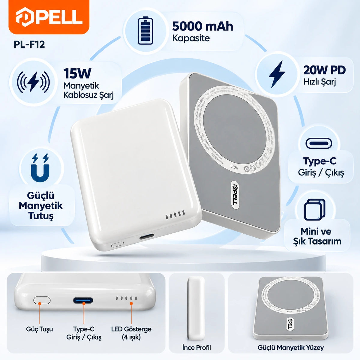 PELL PL-F12 5000 mAh MagSafe 15W Kablosuz Şarj Powerbank, 20W PD Type-C Hızlı Şarj Mini Taşınabilir Şarj Cihazı