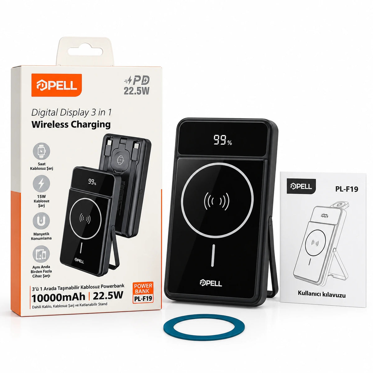 PELL PL-F19 3'ü 1 Arada 10000 mAh Powerbank 22.5W, Kablosuz Dijital Ekranlı Hızlı Taşınabilir Şarj Cihazı