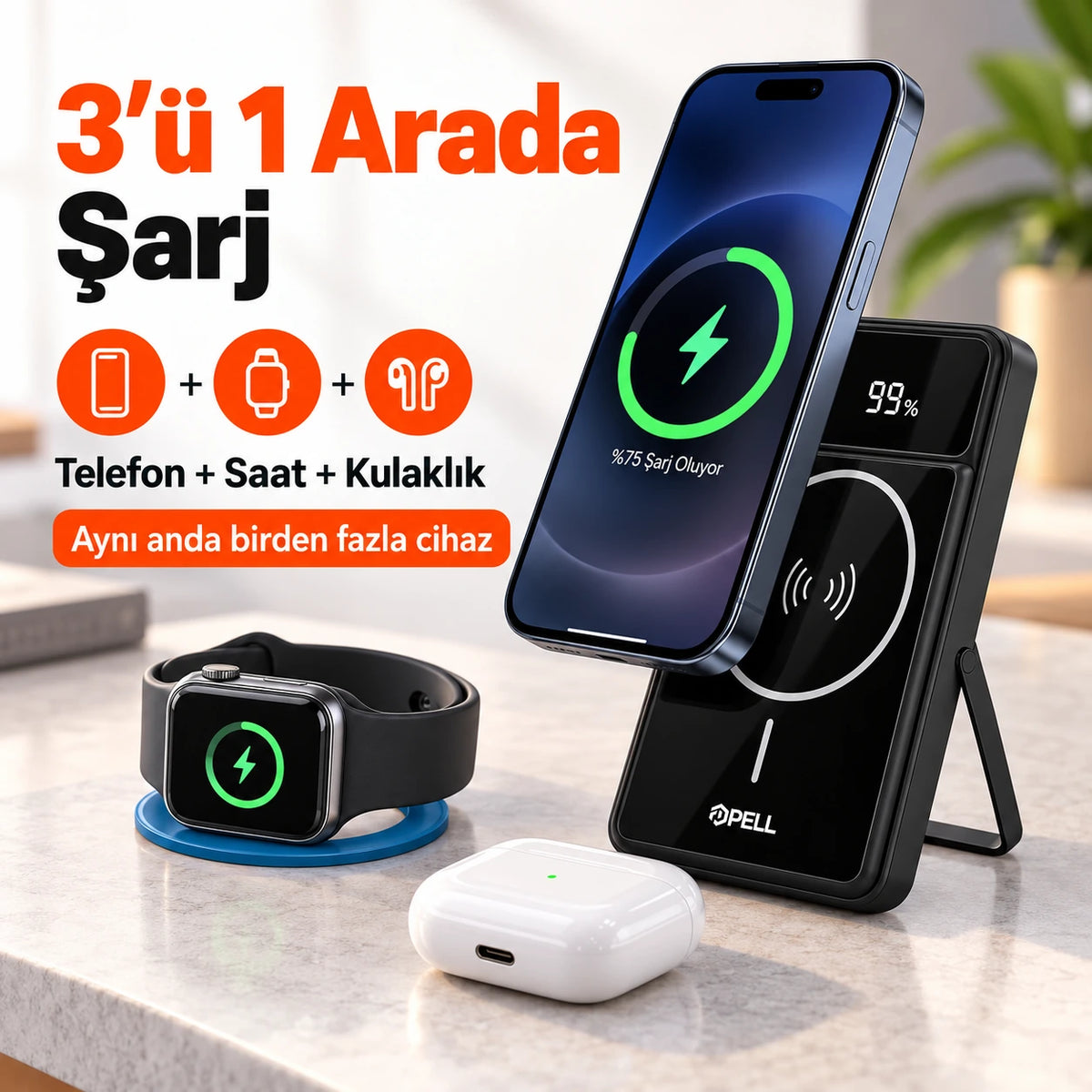 PELL PL-F19 3'ü 1 Arada 10000 mAh Powerbank 22.5W, Kablosuz Dijital Ekranlı Hızlı Taşınabilir Şarj Cihazı