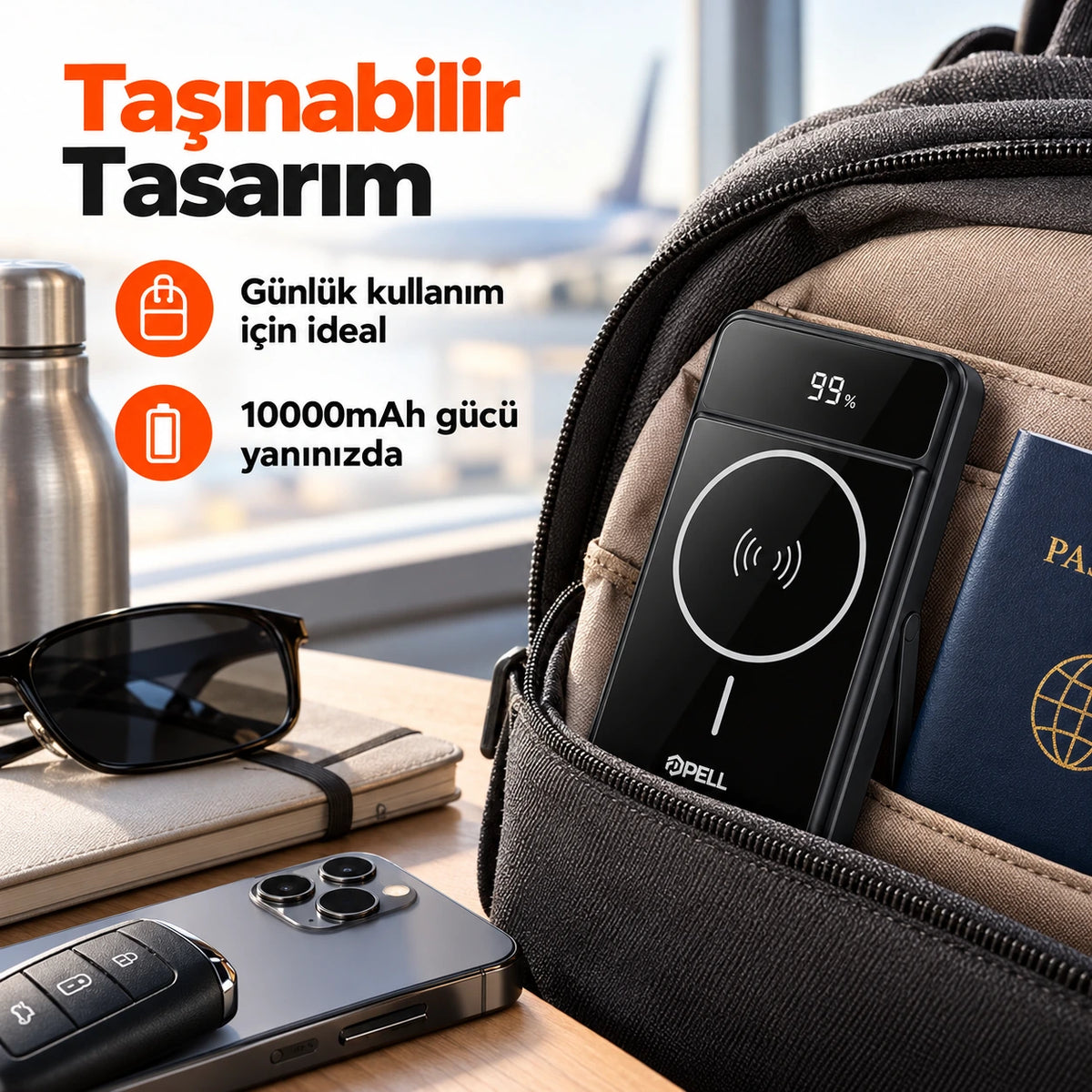 PELL PL-F19 3'ü 1 Arada 10000 mAh Powerbank 22.5W, Kablosuz Dijital Ekranlı Hızlı Taşınabilir Şarj Cihazı