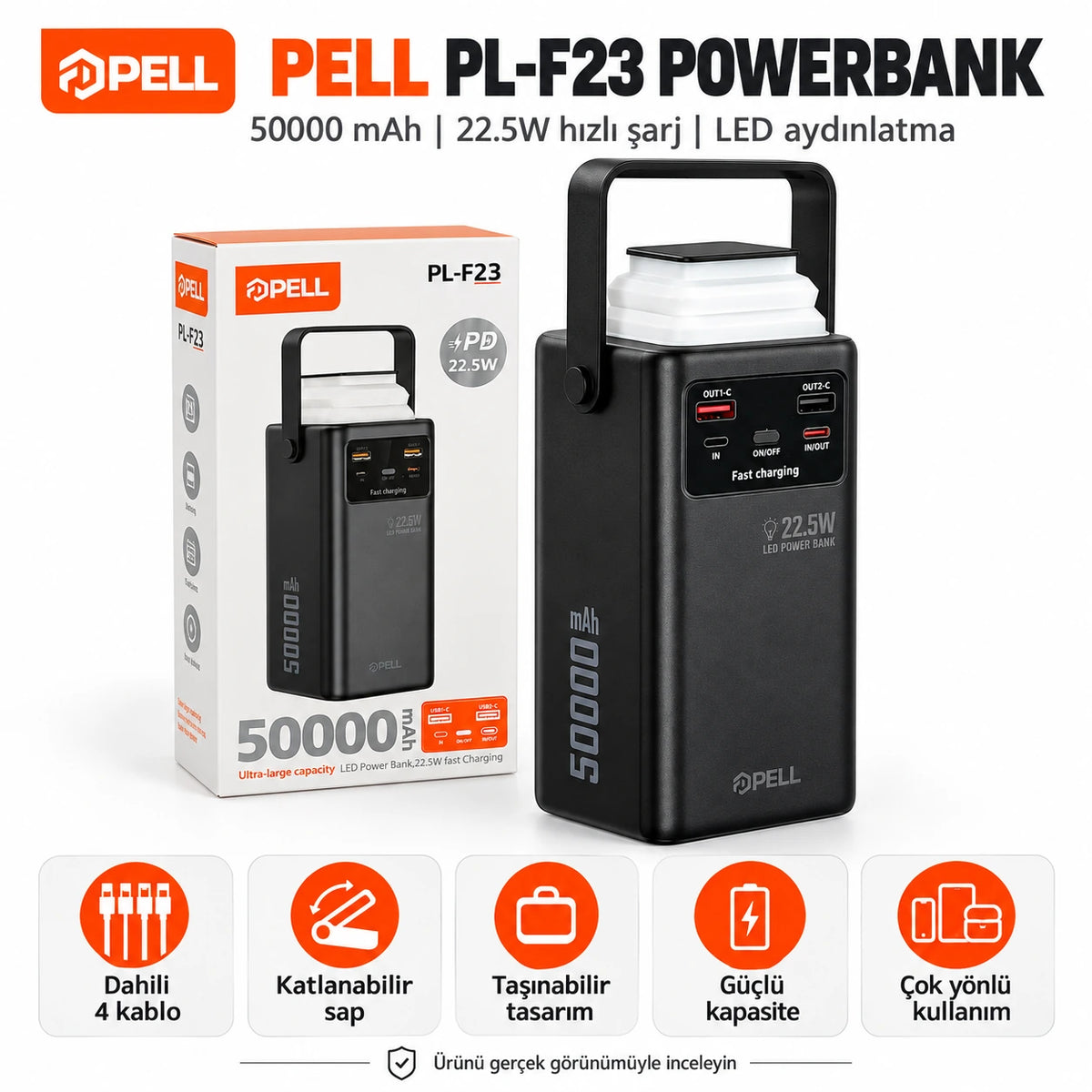 PELL PL-F23 50000 mAh Powerbank 22.5W, LED Işıklı Turbo Hızlı Taşınabilir Şarj Cihazı