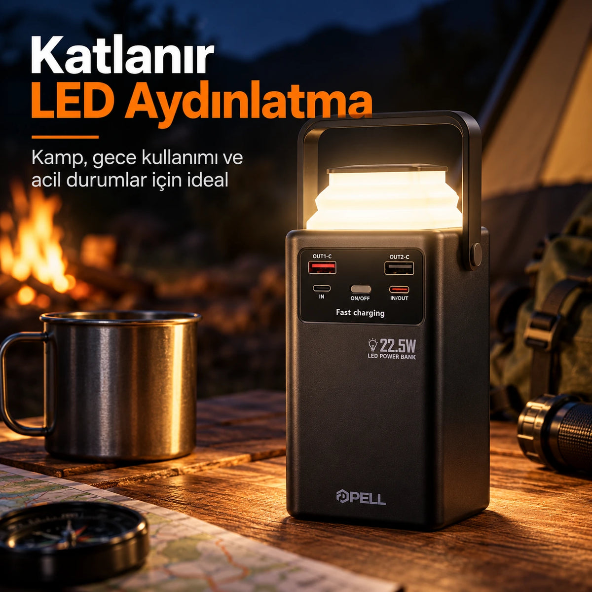 PELL PL-F23 50000 mAh Powerbank 22.5W, LED Işıklı Turbo Hızlı Taşınabilir Şarj Cihazı