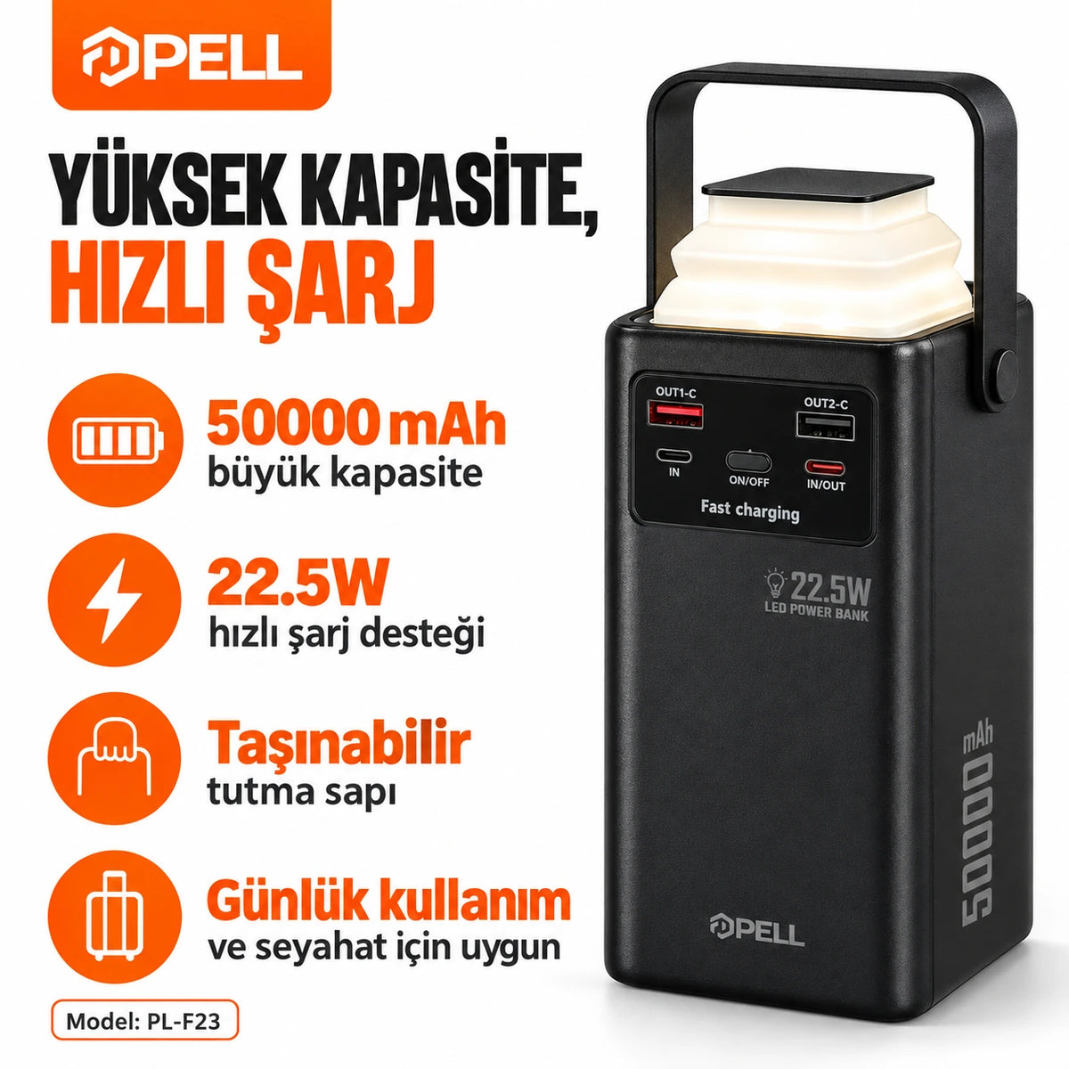 PELL PL-F23 50000 mAh Powerbank 22.5W, LED Işıklı Turbo Hızlı Taşınabilir Şarj Cihazı
