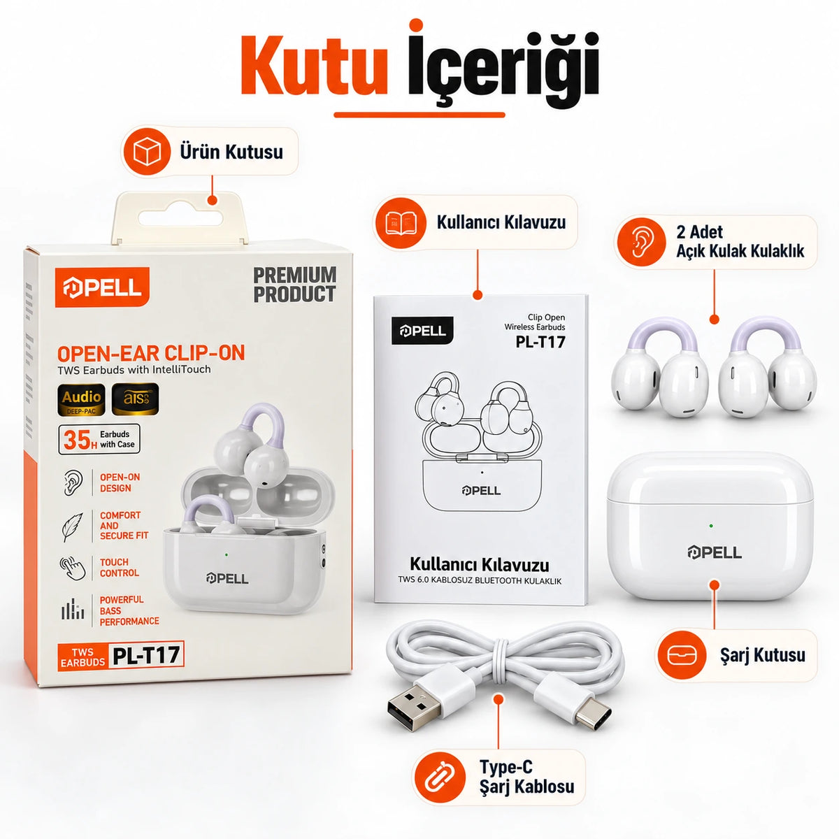 PELL PL-T17 Açık Kulak Klipsli TWS Kulaklık, Bluetooth V6.0 35 Saat Pil Ömrü Kablosuz Kulak Klipsi Standlı Kulaklık