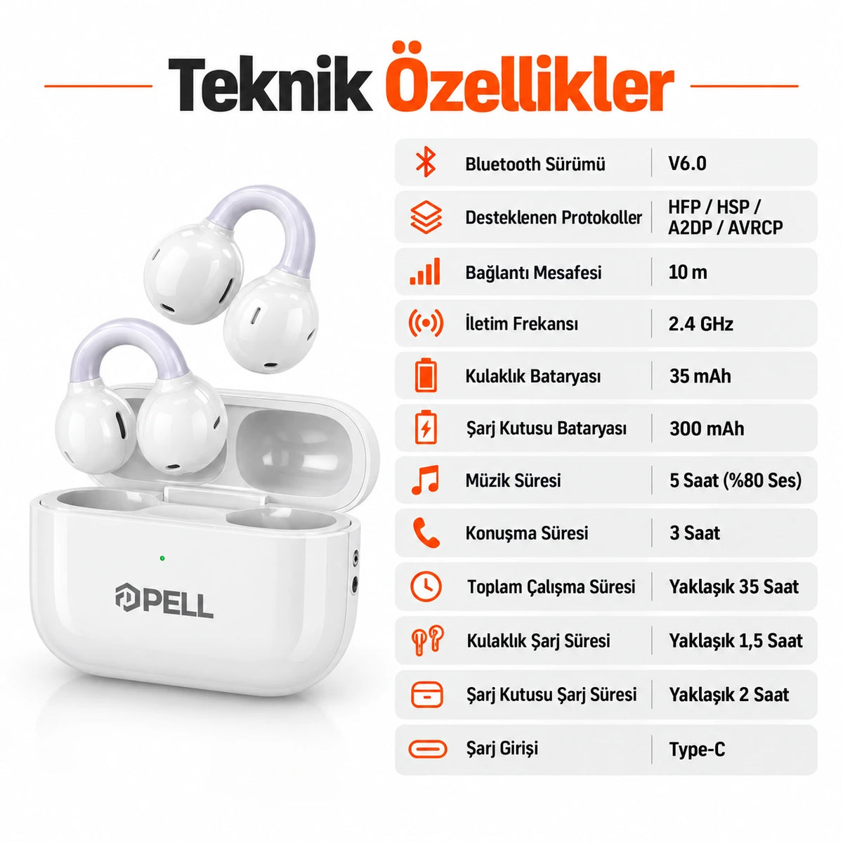 PELL PL-T17 Açık Kulak Klipsli TWS Kulaklık, Bluetooth V6.0 35 Saat Pil Ömrü Kablosuz Kulak Klipsi Standlı Kulaklık