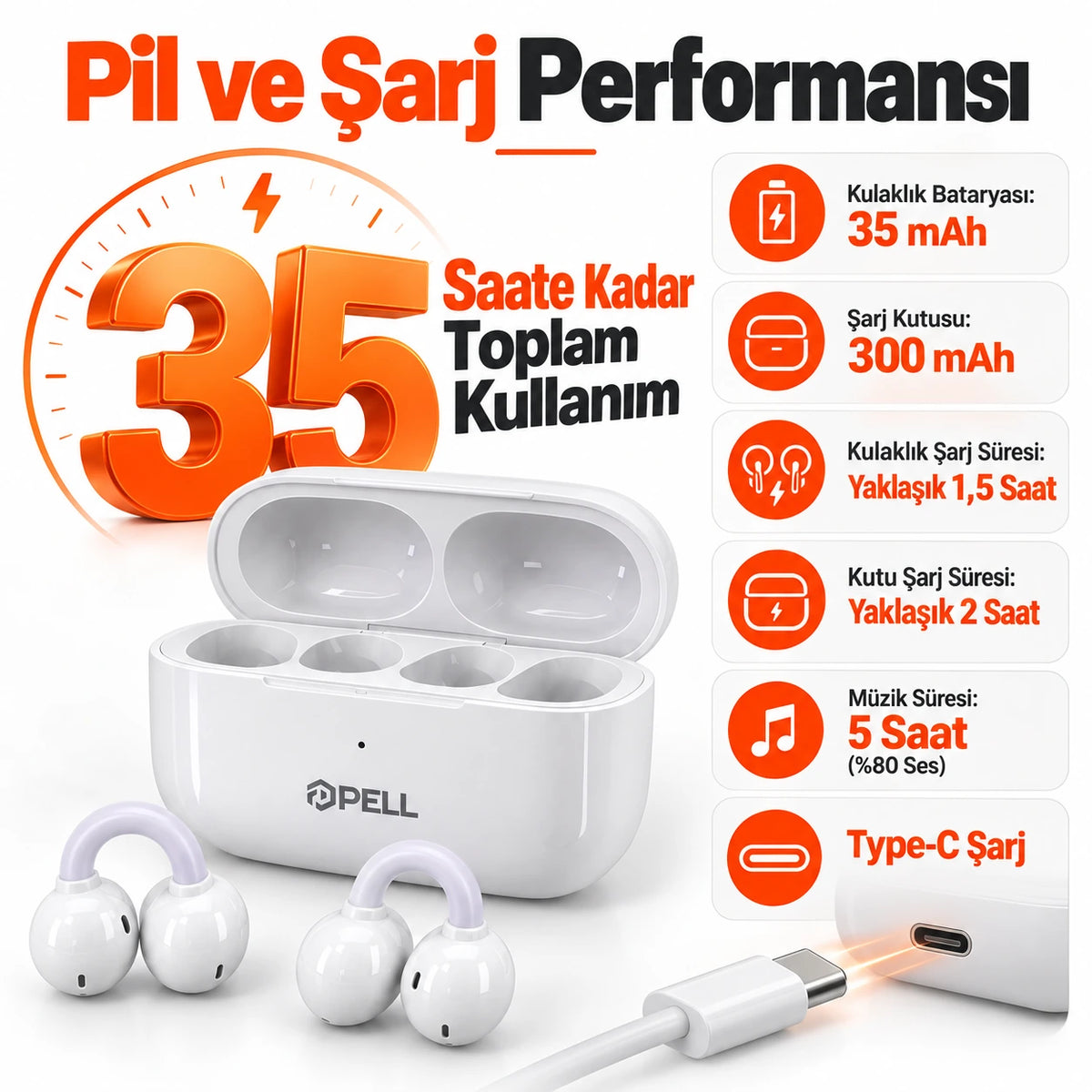 PELL PL-T17 Açık Kulak Klipsli TWS Kulaklık, Bluetooth V6.0 35 Saat Pil Ömrü Kablosuz Kulak Klipsi Standlı Kulaklık