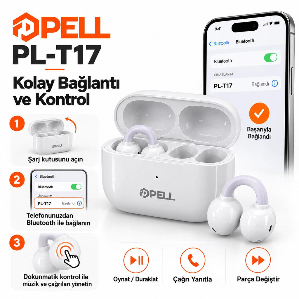PELL PL-T17 Açık Kulak Klipsli TWS Kulaklık, Bluetooth V6.0 35 Saat Pil Ömrü Kablosuz Kulak Klipsi Standlı Kulaklık