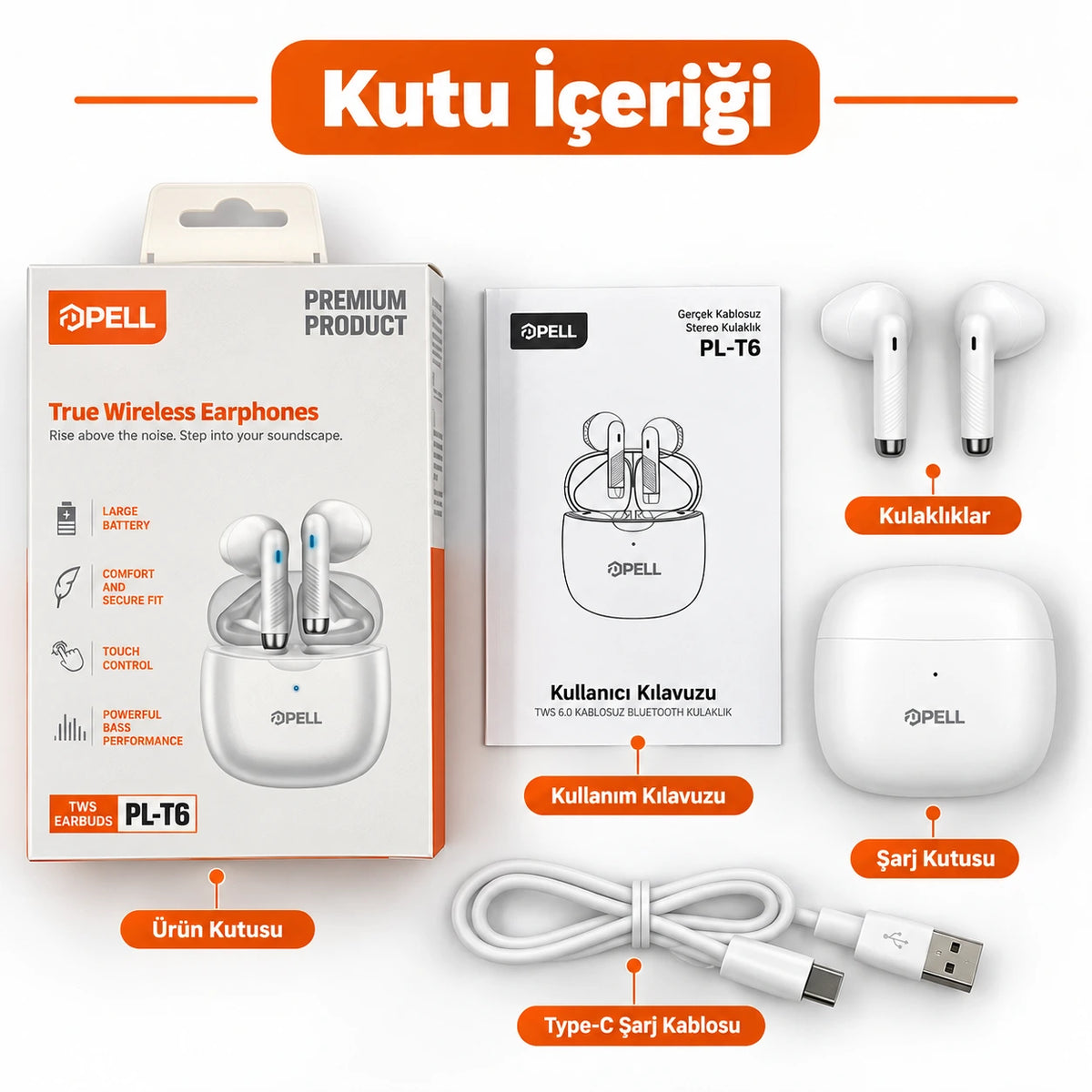 PELL PL-T6 TWS Bluetooth V6.0 Kablosuz Kulak İçi Kulaklık, 25 Saat Pil Ömrü Güçlü Bas Dokunmatik Kontrollü Kulaklık
