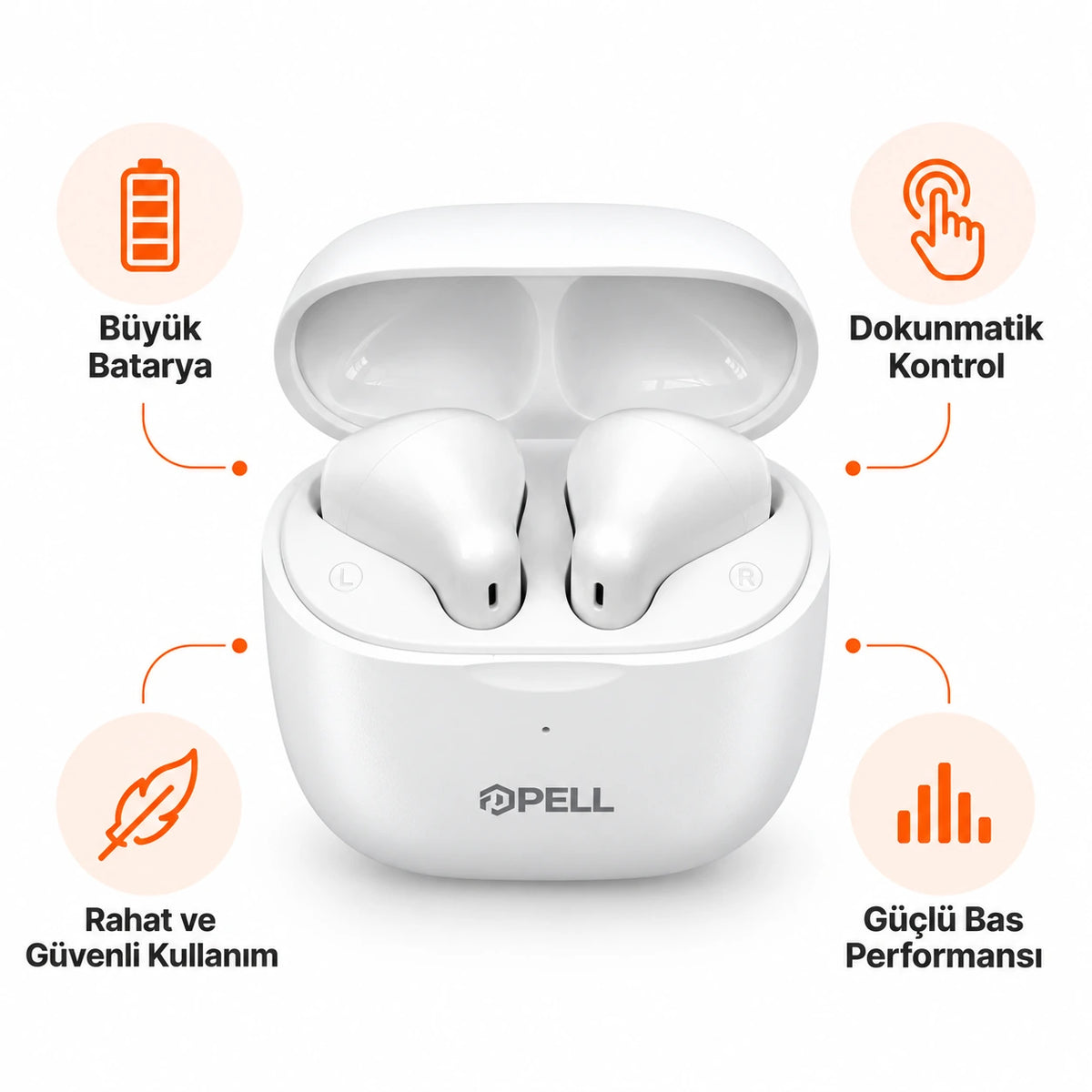 PELL PL-T6 TWS Bluetooth V6.0 Kablosuz Kulak İçi Kulaklık, 25 Saat Pil Ömrü Güçlü Bas Dokunmatik Kontrollü Kulaklık