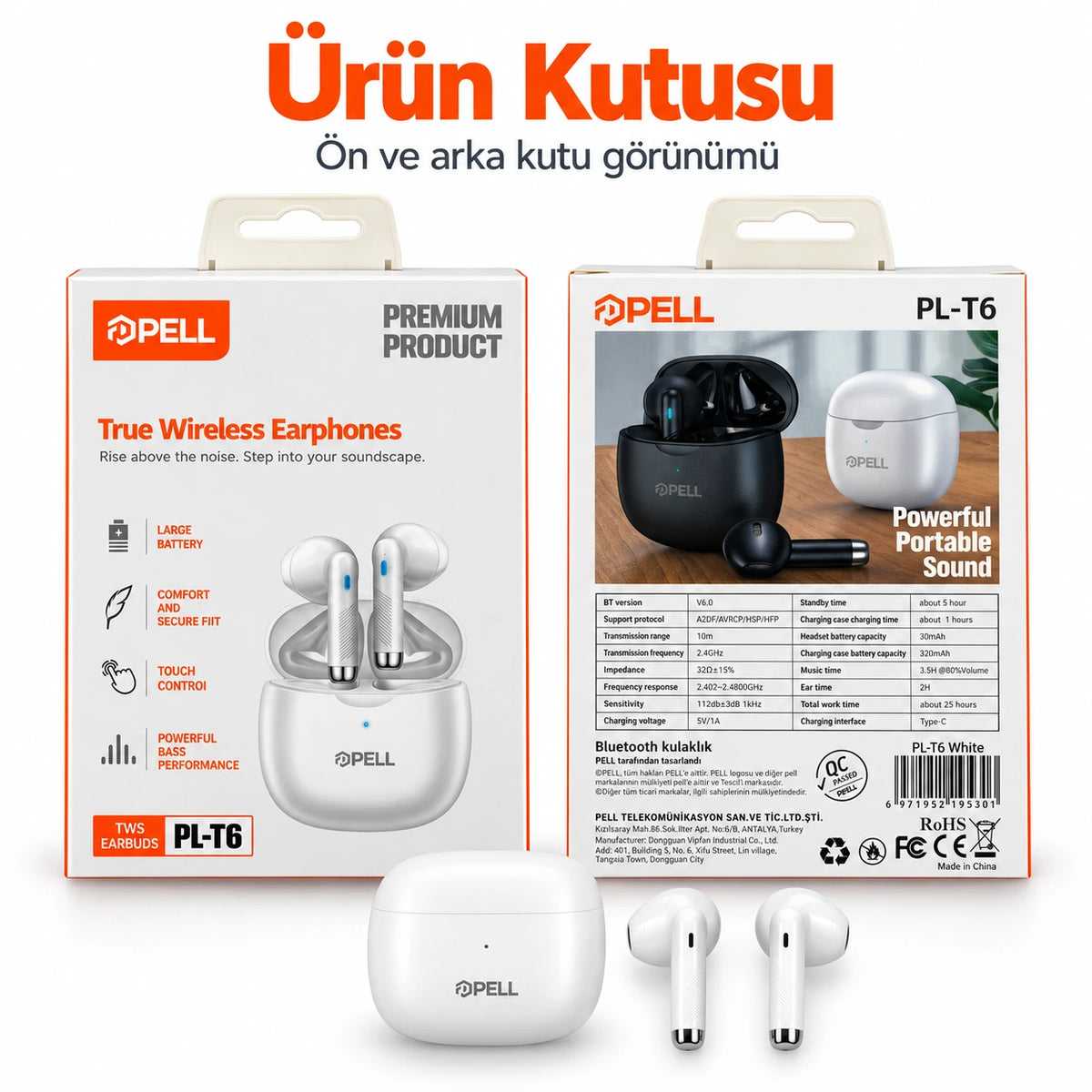 PELL PL-T6 TWS Bluetooth V6.0 Kablosuz Kulak İçi Kulaklık, 25 Saat Pil Ömrü Güçlü Bas Dokunmatik Kontrollü Kulaklık