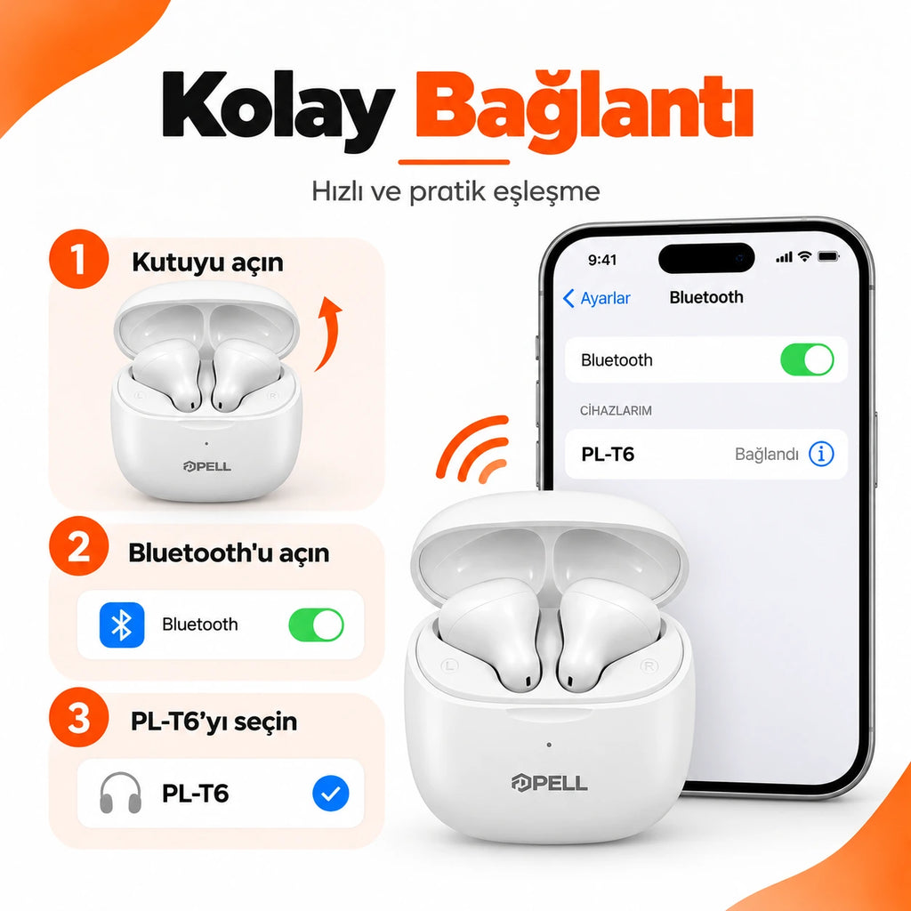 PELL PL-T6 TWS Bluetooth V6.0 Kablosuz Kulak İçi Kulaklık, 25 Saat Pil Ömrü Güçlü Bas Dokunmatik Kontrollü Kulaklık