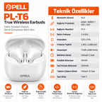 PELL PL-T6 TWS Bluetooth V6.0 Kablosuz Kulak İçi Kulaklık, 25 Saat Pil Ömrü Güçlü Bas Dokunmatik Kontrollü Kulaklık