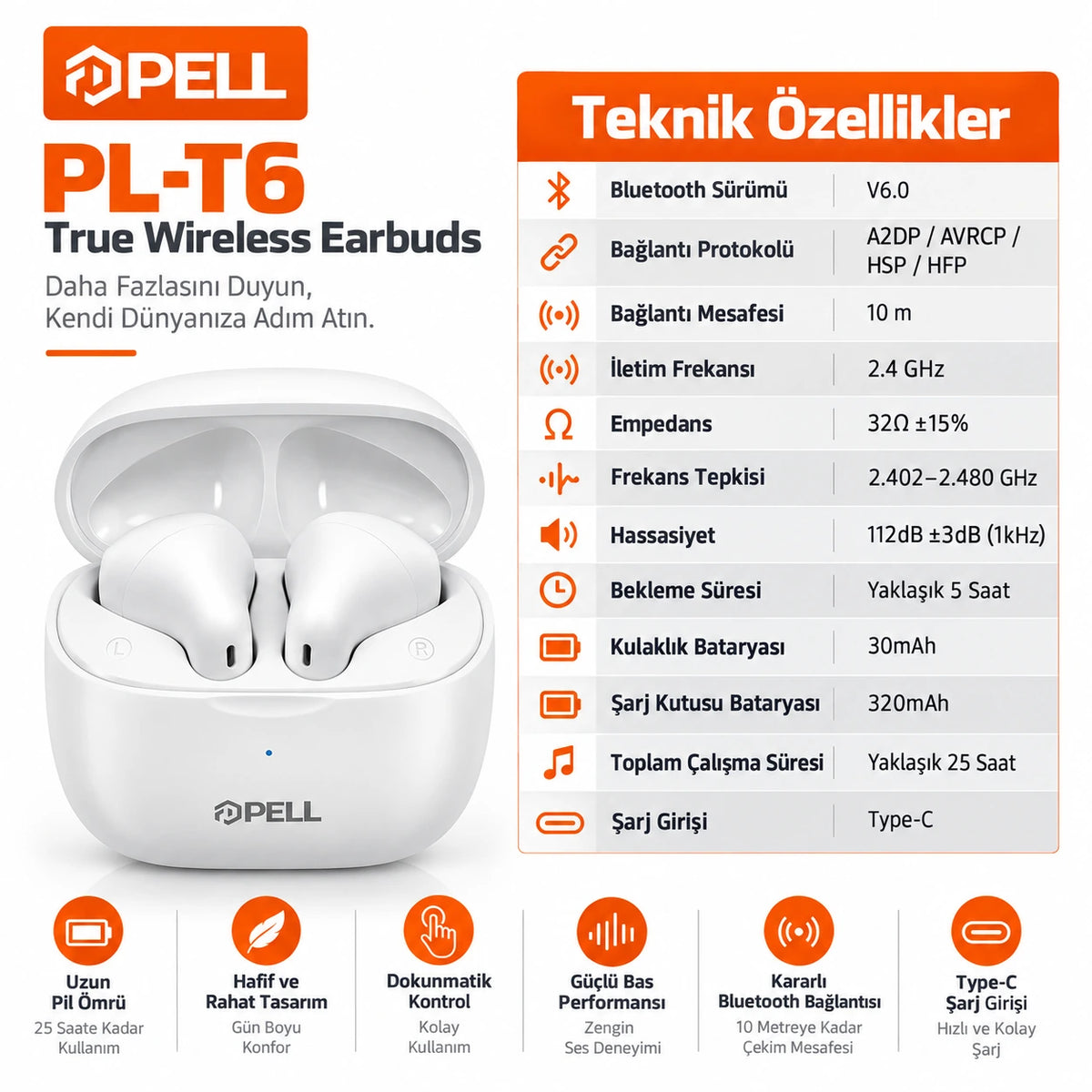 PELL PL-T6 TWS Bluetooth V6.0 Kablosuz Kulak İçi Kulaklık, 25 Saat Pil Ömrü Güçlü Bas Dokunmatik Kontrollü Kulaklık