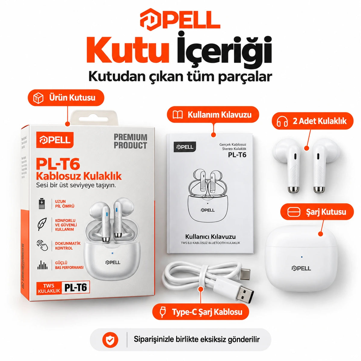 PELL PL-T6 TWS Bluetooth V6.0 Kablosuz Kulak İçi Kulaklık, 25 Saat Pil Ömrü Güçlü Bas Dokunmatik Kontrollü Kulaklık