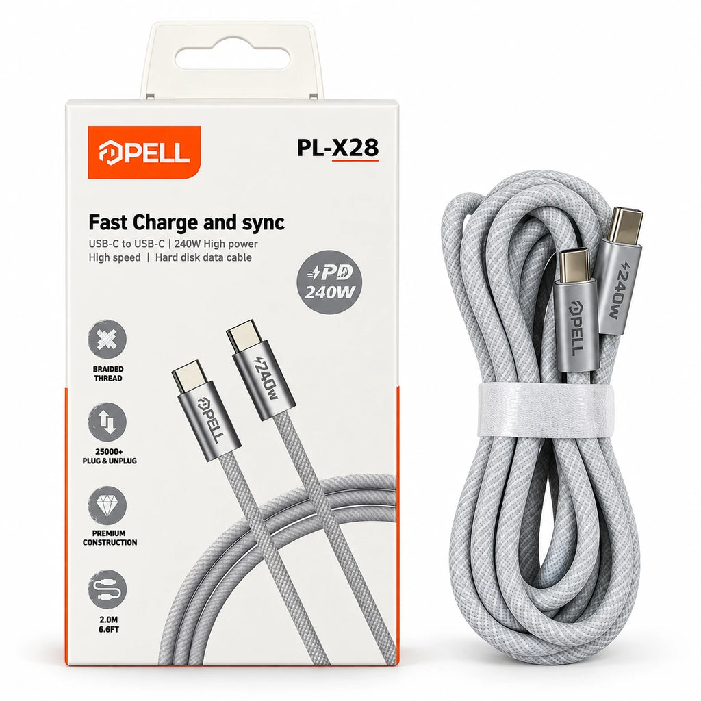 PELL PL-X28 240W PD Type-C to Type-C Hızlı Şarj ve Veri Kablosu 2m, Örgü Halatlı Dayanıklı Harici Disk Kablosu