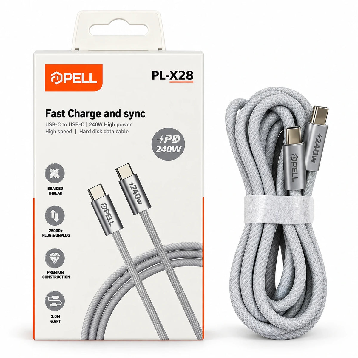 PELL PL-X28 240W PD Type-C to Type-C Hızlı Şarj ve Veri Kablosu 2m, Örgü Halatlı Dayanıklı Harici Disk Kablosu