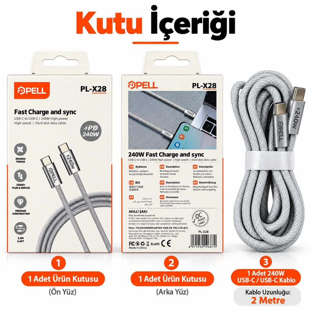 PELL PL-X28 240W PD Type-C to Type-C Hızlı Şarj ve Veri Kablosu 2m, Örgü Halatlı Dayanıklı Harici Disk Kablosu