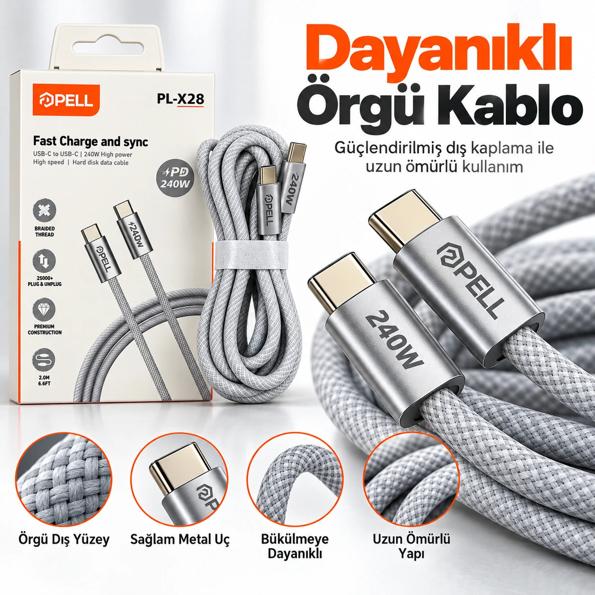 PELL PL-X28 240W PD Type-C to Type-C Hızlı Şarj ve Veri Kablosu 2m, Örgü Halatlı Dayanıklı Harici Disk Kablosu