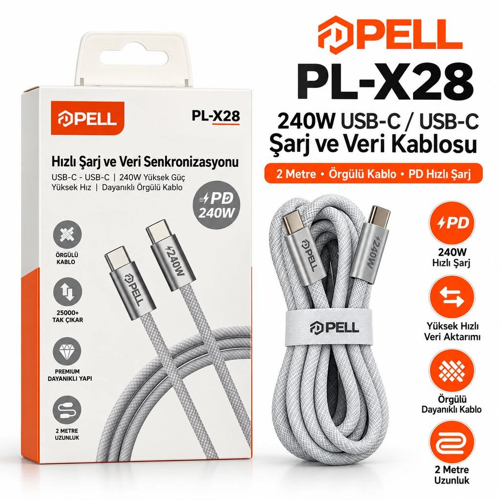 PELL PL-X28 240W PD Type-C to Type-C Hızlı Şarj ve Veri Kablosu 2m, Örgü Halatlı Dayanıklı Harici Disk Kablosu