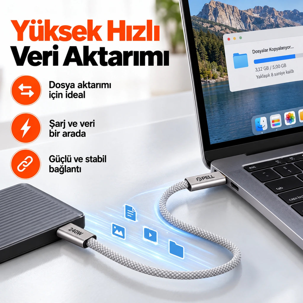 PELL PL-X28 240W PD Type-C to Type-C Hızlı Şarj ve Veri Kablosu 2m, Örgü Halatlı Dayanıklı Harici Disk Kablosu