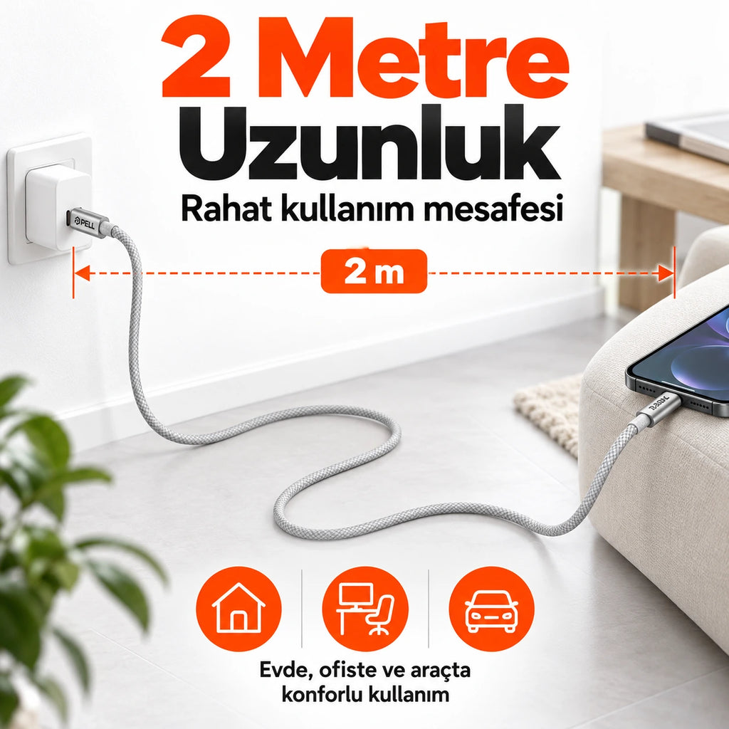 PELL PL-X28 240W PD Type-C to Type-C Hızlı Şarj ve Veri Kablosu 2m, Örgü Halatlı Dayanıklı Harici Disk Kablosu